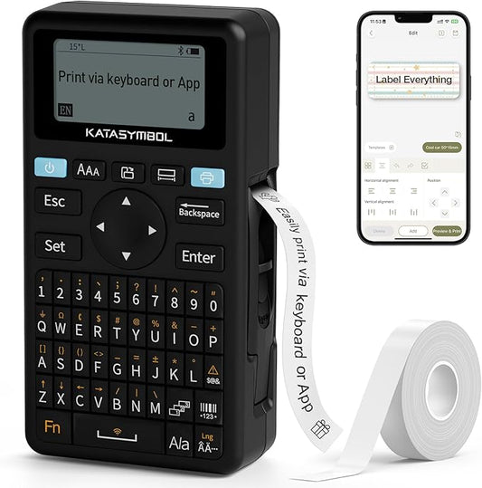 SUPVAN E11 Bluetooth Label Maker Machine with Tape, Support Keyboard & App with 40 Fonts and 450+ Icons, Rechargeable Inkless Labeler for Home, Kitchen, Office, School, Organization, Black