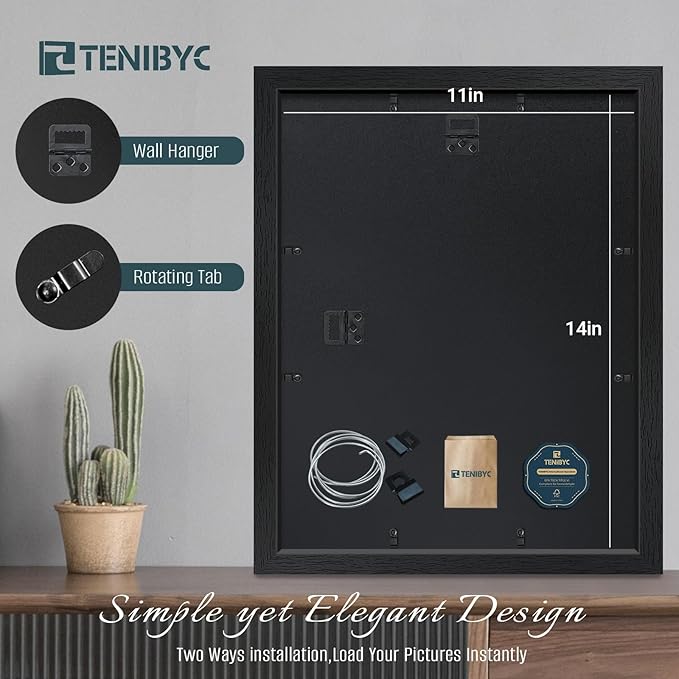 11x14 Picture Frames Set - 3 Pack - Black Solid Wood Poster Frame - Tempered Glass - Exclusive Woodgrain - Rooms, Offices, Gallery, Studio, and Hallway, Wall Display Decor