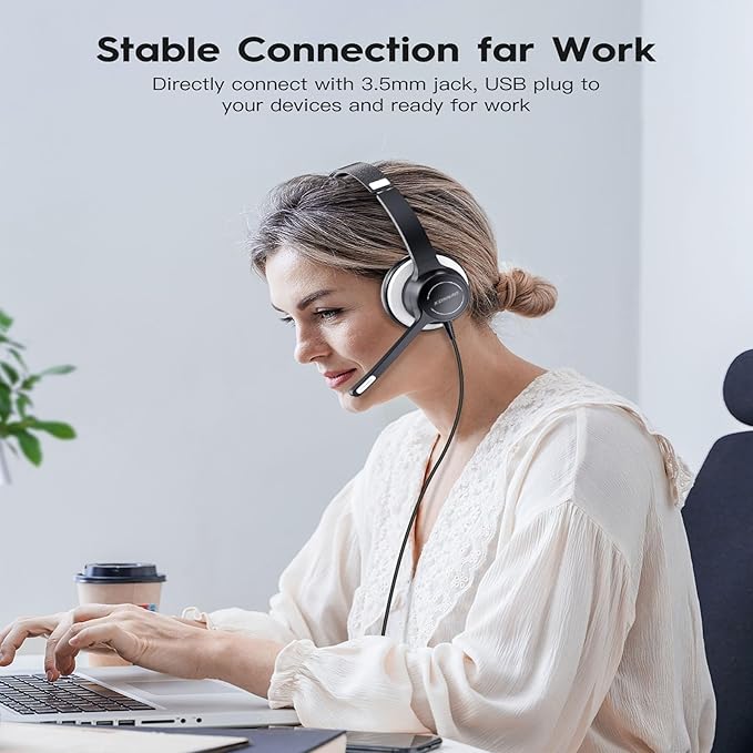USB Headset with Microphone, 3.5mm Wired Computer Headsets with Noise Cancelling Microphone, Stereo Headphones with MIC for PC, in Line Controls, Work Headset for Skype Zoom Tablet Laptop