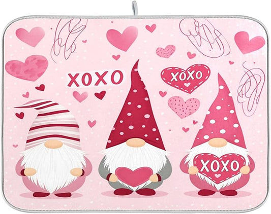 Happy Valentine Hearts Gnomes Dish Drying Mat 16 X 18 In Red Love Absorbent Microfiber Dry Dishes Pads Tableware Mats Protector for Kitchen Countertops Counter Home Decorations