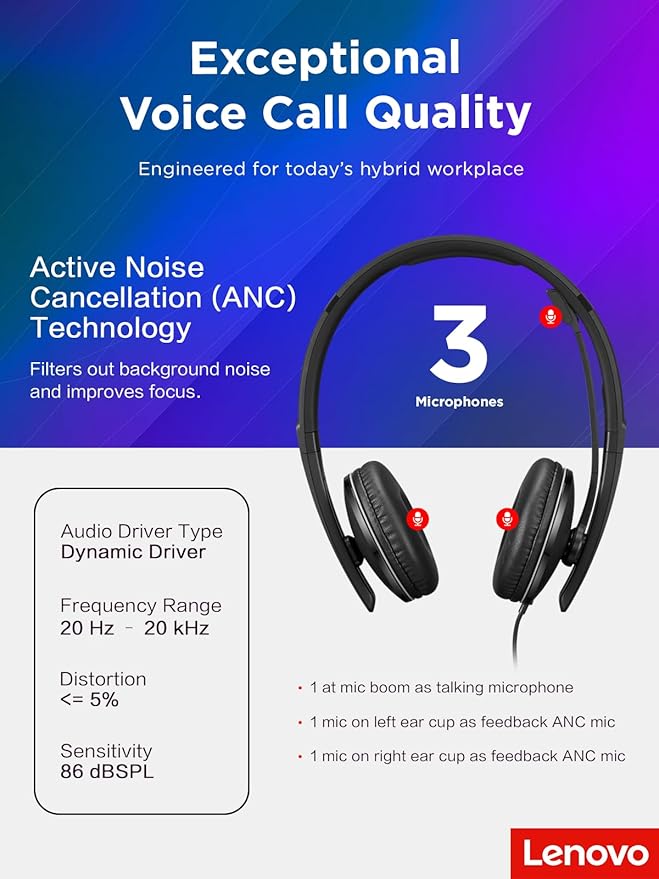 Lenovo Wired ANC Headset Gen 2 (Teams) with Active Noise Cancellation, EPOS BrainAdapt & ActiveGard Tech, Lightweight, USB-C, Plug-and-Play, Zoom Certified, Customizable, Hearing Protection