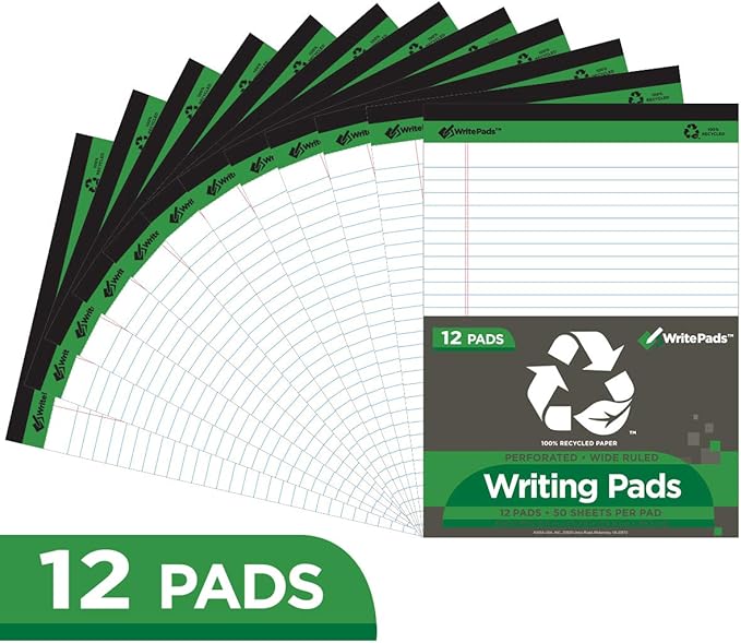 KAISA White Legal Pads 12pads Writing Pads Recycled Paper, 8.5"x11.75" Wide Ruled Perforated 50 sheets Hard Back Notepads 8-1/2"x 11-3/4" Writing Tablet Canary For Office Supplies (Pack of 12pc) KSU-5293