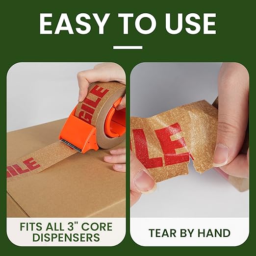 TAPEBEAR Fragile Tape Eco-Friendly Kraft Paper Tape 2Inch x 55Yard, Biodegradable Packaging Brown Paper Tape Self Adhesive Box Tape for Small Business, Shipping, Sealing, Moving, 6Rolls