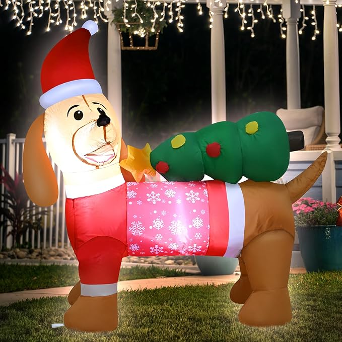 4FT Christmas Inflatables Puppy Decoration, Christmas Blow up Dog with Built-in LEDs, Xmas Blow up Decoration for Indoor Outdoor Yard Garden Party Lawn Home Holiday Decor
