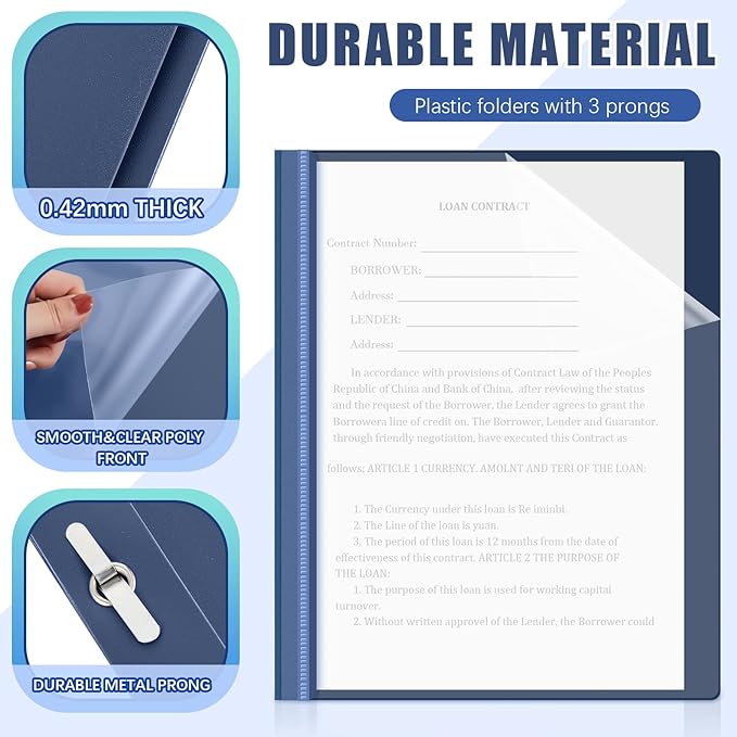 Teling 48 Pcs Clear Front Report Covers with Prongs Plastic Presentation Folders 3 Prong Resume Portfolio Folder for School(Navy Blue)