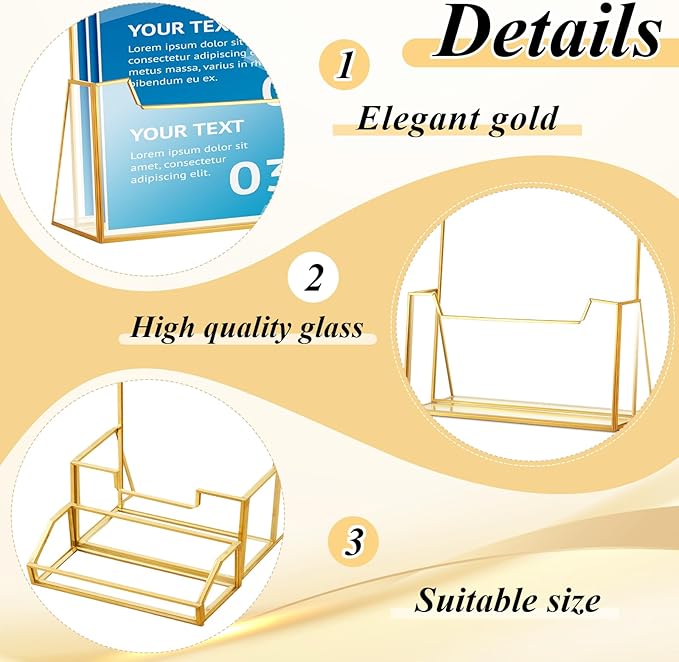 4 Pcs Glass Display Stand Set 2 Gold Glass Brochure Holder Stand 2 Gold Business Card Holder for Office Desktop Countertop Name Card Magazine Literature Journal(8.5 x 11'')