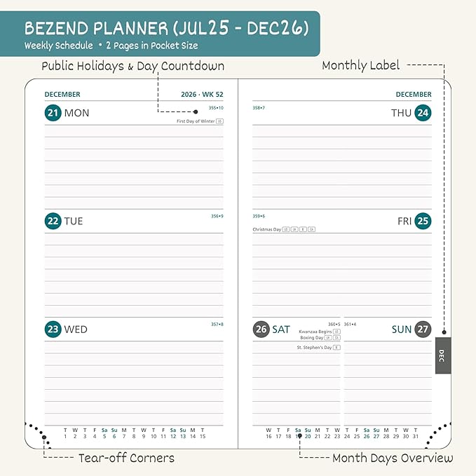 BEZEND Pocket Planner 2025-2026 Weekly and Monthly, 3.5" x 6" Academic Planner (Jul 25-Dec 26) 18-Month Mid-Year Calendar Book, Storage Pocket, Pen Holder, PU Leather Hardcover - Orange