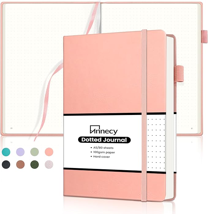 Annecy Numbered Bullet Dotted Journal Notebook, Medium 5.5x 8.25, 160 Pages 100GSM Writing Paper, A5 Peach Pink Faux Leather Cover with Pen Loop