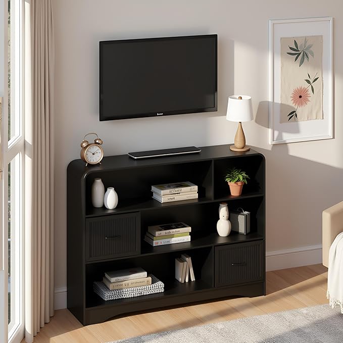 6 Cube Storage Organizer, 48" Wide Cube Storage Organizer w/Adjustable 2 Bins Storage, Modern Wooden Bookshelves and Bookcase w/Drawers, Large Bookshelf w/Open Display Shelves for Living Room, Black