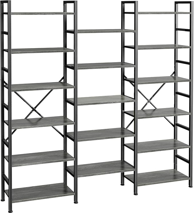 SUPERJARE Triple 6 Tier Bookshelf, Bookcase with 17 Open Display Shelves, Wide Book Shelf Book Case for Home & Office, Grey