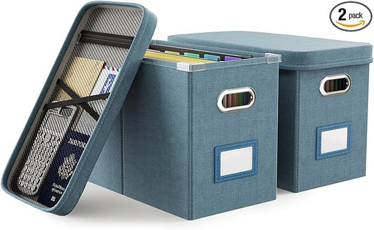 Oterri File Organizer with Lid, Hanging Filing Box with Mesh Pocket, Document Organizer for Letter Files, Portable Storage Box with Smooth Sliding Rail for Office&Home (2 PCS, Dark-blue)