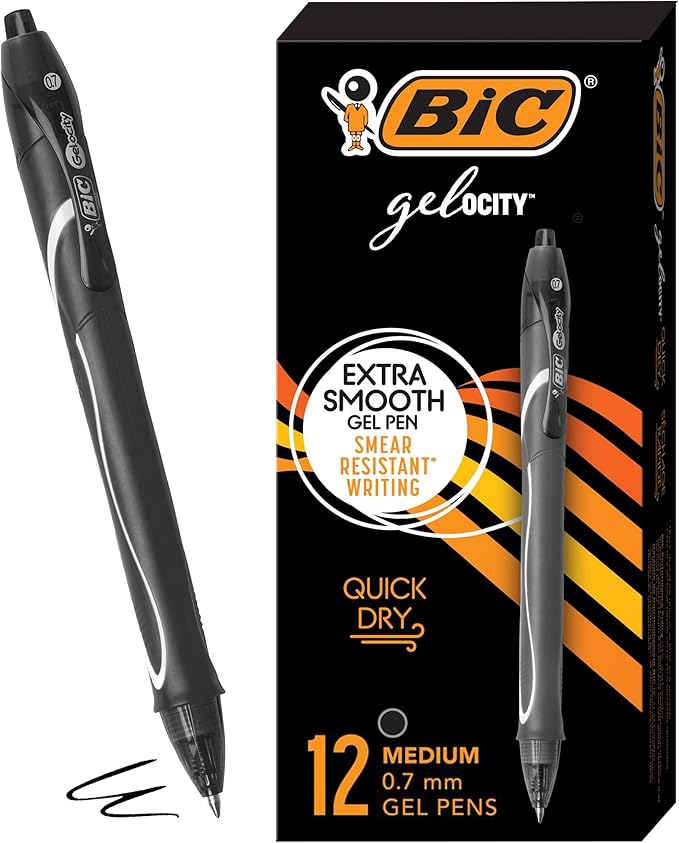 BIC Gelocity Quick Dry Black Gel Pens, Medium Point (0.7mm), 12-Count Pack, Retractable Gel Pens With Comfortable Full Grip