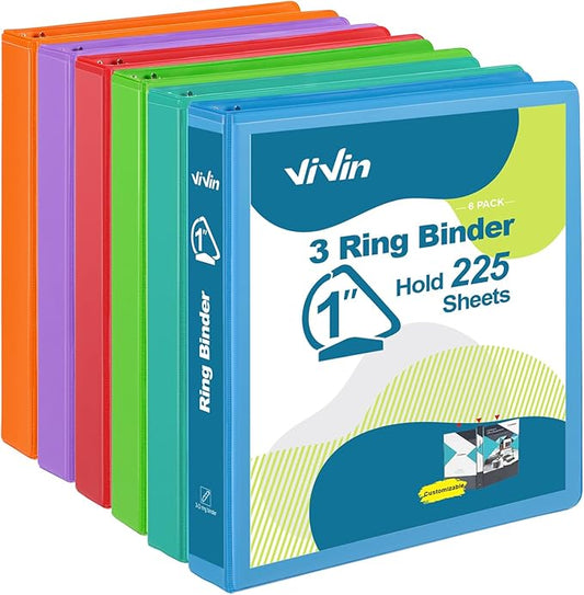 ViVin Durable 1 Inch D Ring Binders, 3 Ring Binders with 2 Pockets, Hold 225 Sheets of US Letter Size Paper - 6 Pack (Assorted)