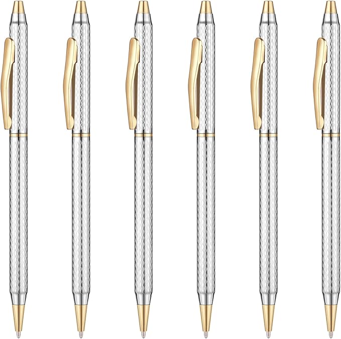 Unibene Slim Metallic Retractable Ballpoint Pens - Carved Chrome & Gold, Nice Gift for Business Office Students Teachers Wedding Christmas, Medium Point(1 mm) 6 Pack-Black ink