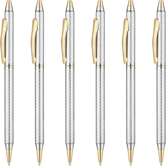 Unibene Slim Metallic Retractable Ballpoint Pens - Carved Chrome & Gold, Nice Gift for Business Office Students Teachers Wedding Christmas, Medium Point(1 mm) 6 Pack-Black ink