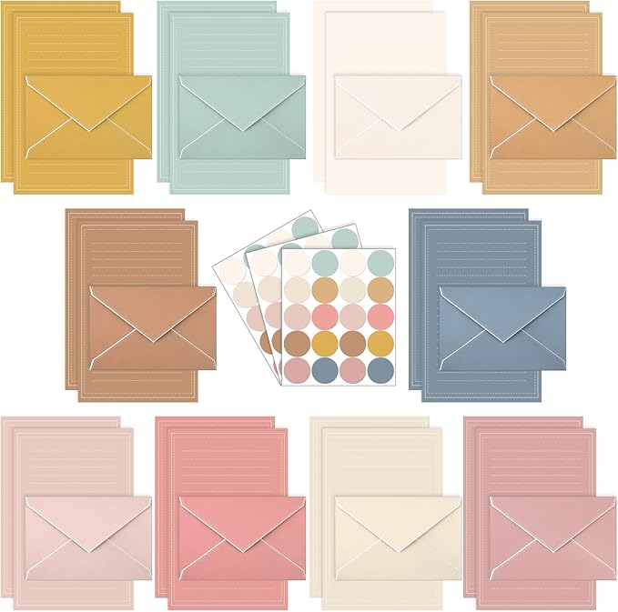 TaoBary 160 Packs Stationery Paper Set (50 Double Sided Stationery Writing Papers 50 Matching Envelopes) 60 Round Dot Sticker, 10 Design (5.5 x 8.25 Inch,Boho Color)