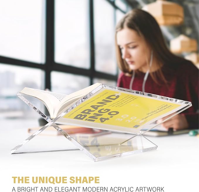 Large Clear Acrylic Book Stand for Reading and Display, Foldable Book Holder for Cookbooks, Art Books, Bibles, Magazines Open Book stand for Kitchen, the front stopper helps prevent books from sliding