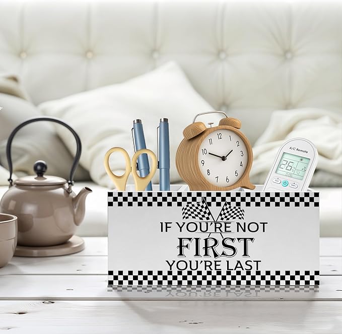 Racing Checkered Inspirational Pencil Pen Holder for Desk, If You're Not First You're Last Wooden Pencil Holder Organizer for Home Office Desk Accessories, Motivational Gifts for Men