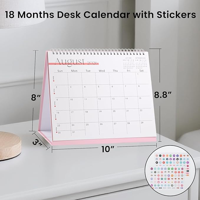 Desk Calendar 2025-2026,July 2025 to Dec 2026 18 Months Standing Flip Desk Calendar with Stickers,10" x 8" Desktop Calendar for Home Office School,Pink