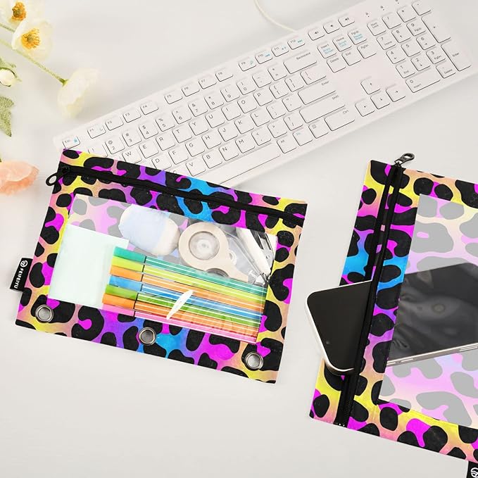 ALAZA Pencil Pouch for 3 Ring Binder, Leopard Print Cheetah Neon Gradient Binder Pencil Pouches with Clear Window Zipper Pencil Case Cosmetic Bags for Office College Supplies, 2PCS