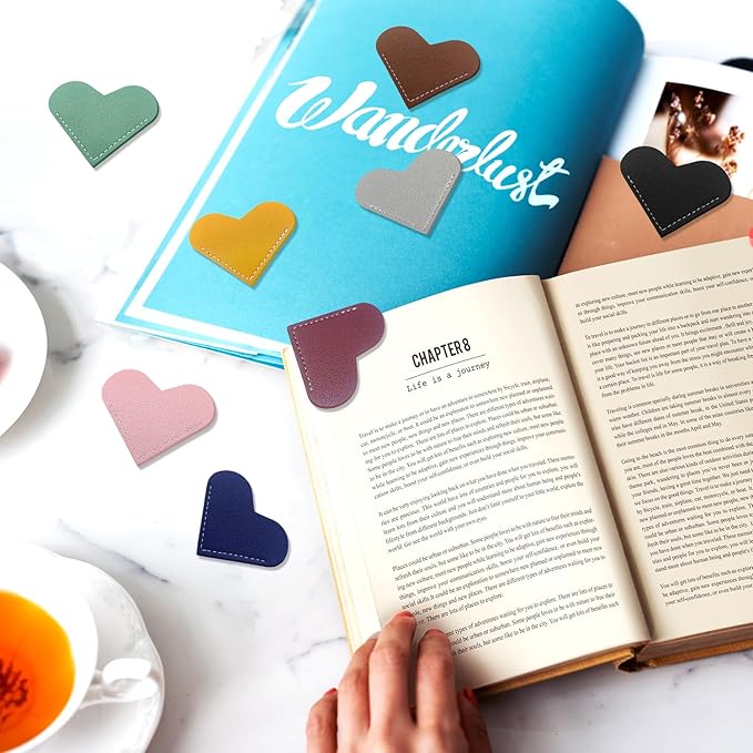 8Pcs Leather Heart Bookmarks,Cute Corner Page Book Marks,Book Accessories for Kids Women Book Lovers Teachers,Handmade Reading Gifts
