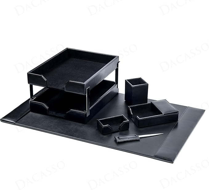 Dacasso Black Bonded Leather 8-Piece Desk Accessory Set - Organization Essentials & Executive Decor - Luxury Leather Blotter for Office Organization