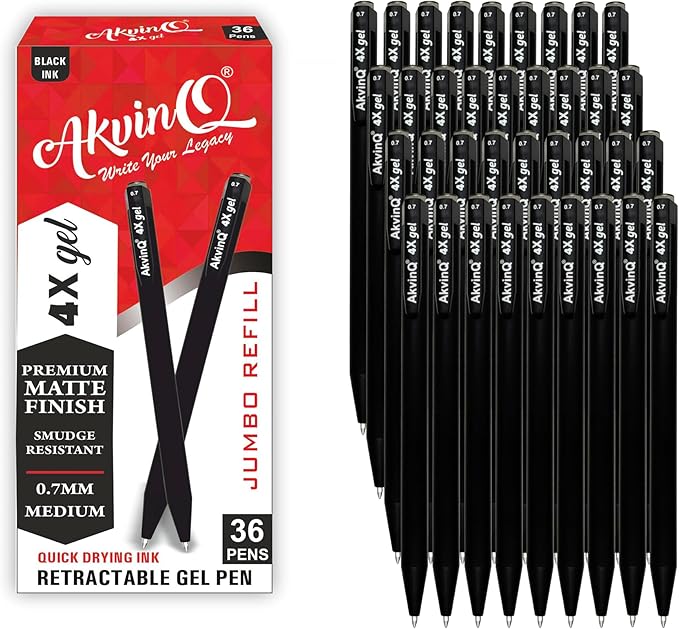 AKVINQ® 4X Gel Retractable Gel Pen | 0.7mm Medium Point | Black Gel Ink Pens | Pack of 36 Pens | Premium Matte Finish | Jumbo Refill - For Journaling, Writing, Note-Taking, Office Supplies