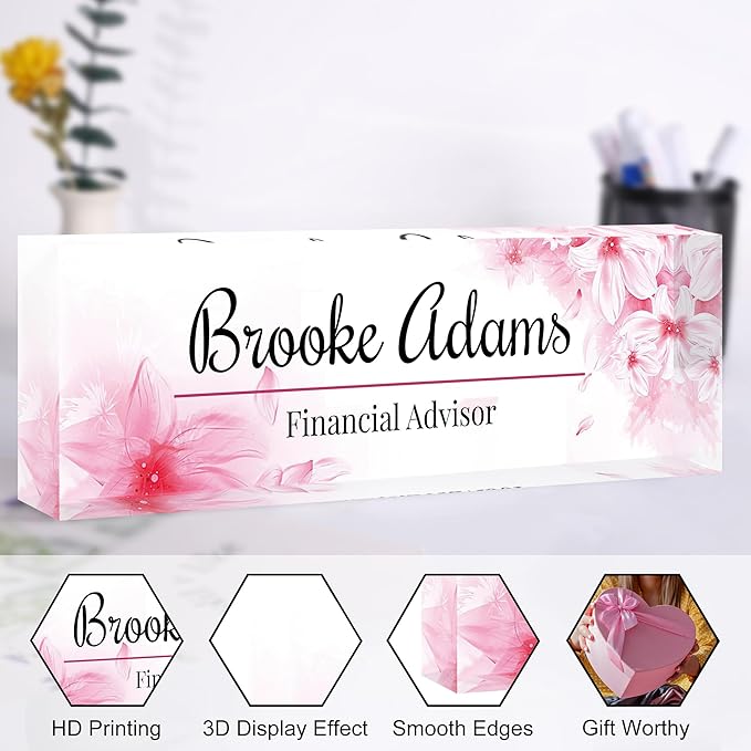 Custom Name Plate for Desk, Personalized Acrylic Office Name Sign with Name & Title, Elegant Desk Decor for Women Men, Employee Appreciation Gift (Pink-2)