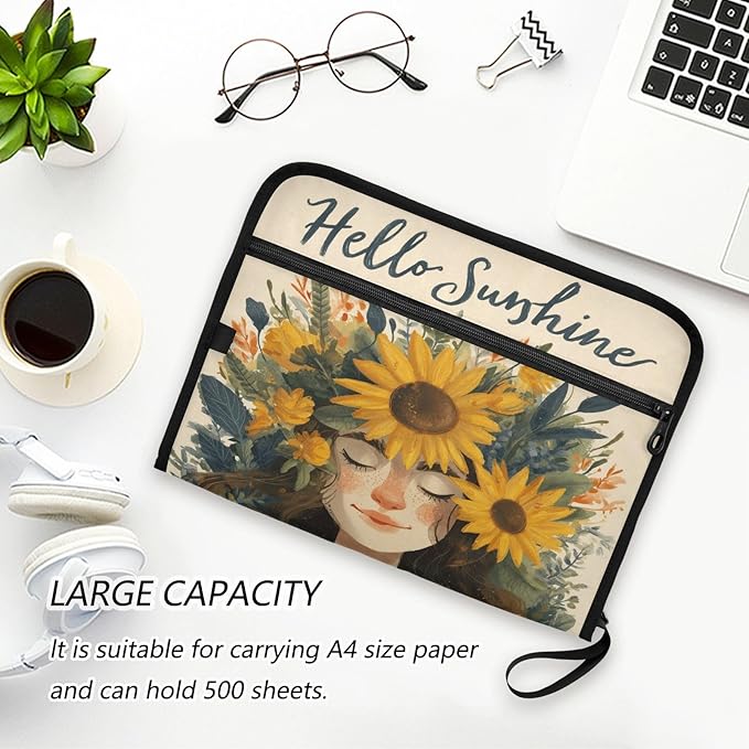 Cute Girl with Sunflowers Expanding File Organizer with 13 Pockets Accordion File Folders with Labels,Portable Document Paper Bill Receipt Organizer,Home College School Office Supplies, Letter
