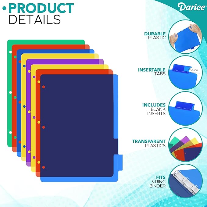 Darice 8-Tab Plastic Dividers 24 Pcs - Binder Dividers with Tabs - Multicolored Plastic Divider for 3 Ring Binder - File Organization – Ideal for Office, Back to School Supplies