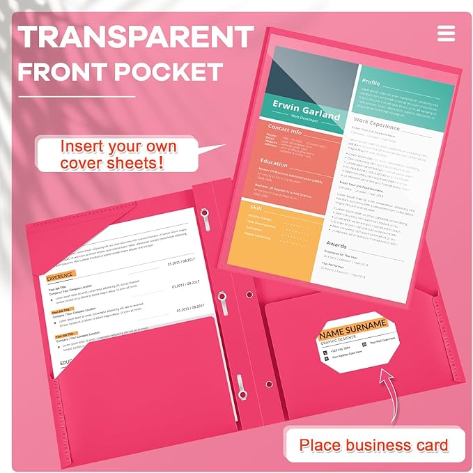 Henoyso 72 Pcs Plastic Folder with Clear Front Pocket and 3 Prong Plastic Folders with Card Slot Pocket Folders with Prongs for School Office (Rose Pink)