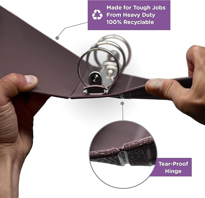 Carstens 4-Inch Heavy Duty 3-Ring Binder - Side Opening, Plum, Durable Plastic, Precision No-Gap Rings, Waterproof Cover, No Pockets, Holds 600 Letter Sheets, BPA-Free Made in USA (1841-3R)