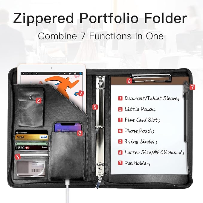 Zippered Portfolio Organizer, WRIYES Leather Padfolio with 3 Ring Binder, Professional Business Binder, Organizer for IPad/Document, Phone & Business Cards, Office Gifts for Men or Women (Black)