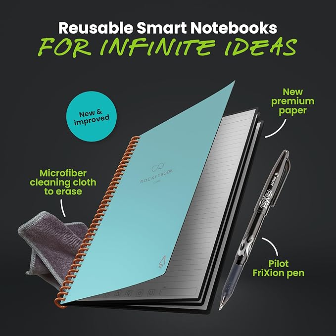 Rocketbook New Core Reusable Spiral Notebook, Executive Size 6x8.8, Teal - Lined Pages, App-Connected, Erasable, Durable Cover, Ideal for School, Work, and Creative Projects