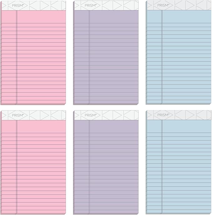 TOPS 5 x 8 Legal Pads, 6 Pack, Prism Brand, 2 Pink/2 Blue/2 Purple, Narrow Ruled, 50 Sheets Per Writing Pad, Made in USA (63016)