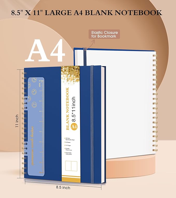 Blank Spiral Notebook Journal 8.5” x 11”, A4 Large Sketch Book for Women Men, 100 GSM Blank Paper Drawing Notebook, Plastic Hardcover Spiral Bound Sketchbook for Sketching Work School Writing, Navy