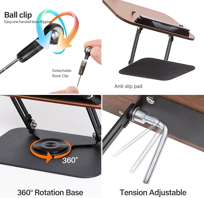 Book Stand for Reading, Adjustable Book Holder with 360° Rotating Base & Elastic Page Clips, Foldable Cookbook Stand for Office, Kitchen, School Textbook, Recipe, Magazine,Tablet
