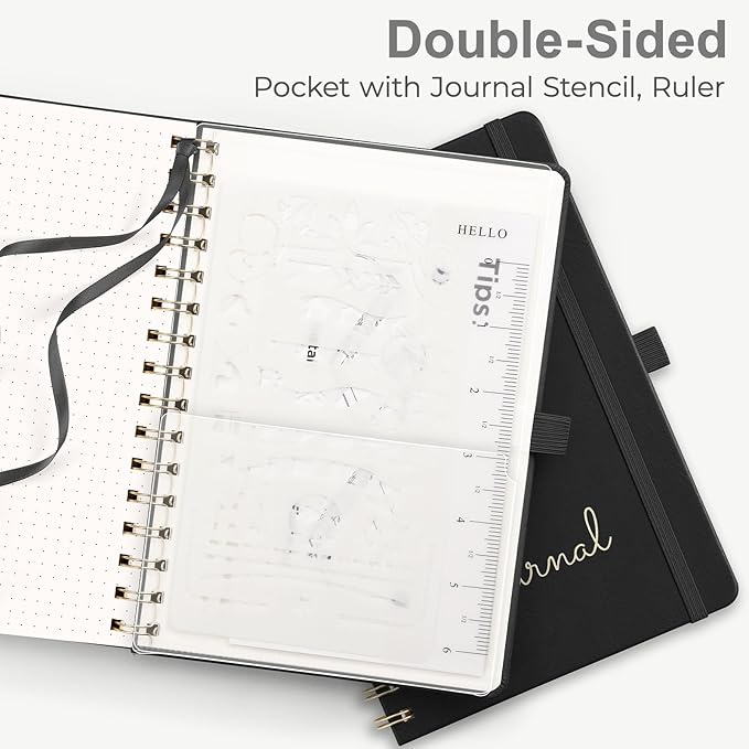 EMSHOI Bullet Dotted Journal - Dot Grid Spiral Notebook 8.5" x 11", A4 Large Dotted Notebook, 100 GSM Thick Paper, PU Leather Hardcover Journals for Bullet Journaling, Sketching, Black