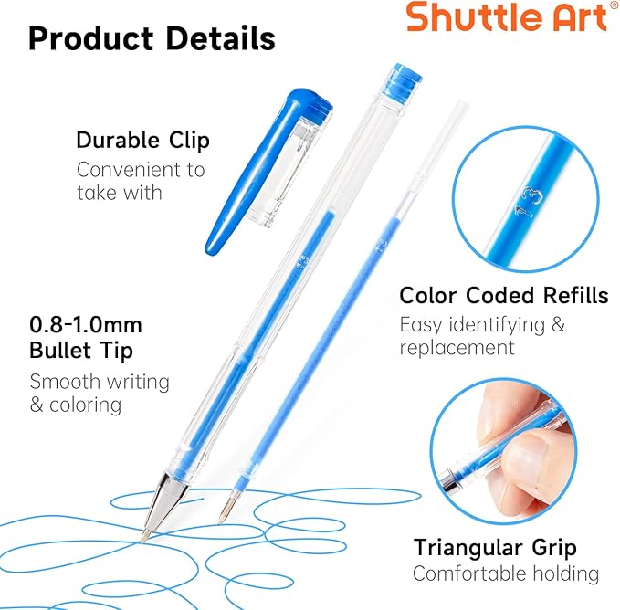 Shuttle Art 60 Pack Blue Tone Gel Pens, 30 Blue Tone Gel Pens with 30 Refills for Adults Coloring Books Journaling Drawing Nature, Landscapes, Animals Scenes