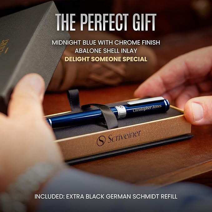 Scriveiner Personalized Midnight Blue Pen - Stunning Blue Lacquer Luxury Pen, Chrome Finish, Schmidt Ink Refill, Best Engraved Roller Ball Gift Set for Men & Women, Custom Name Engraving