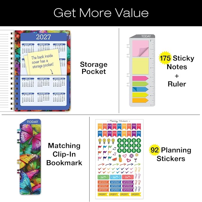 HARDCOVER 2026 Planner, 5.5"x8": 14 Months (November 2025 - December 2026), Daily Weekly Monthly Planner, Yearly Agenda, Bookmark, Pocket Folder and Sticky Note Set (Colorful Butterflies)