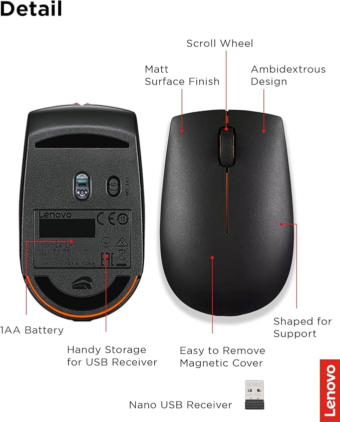 Lenovo 300 Wireless Mouse – Computer Mouse for PC, Laptop with Windows – Ambidextrous Design – 2.4 GHz Nano USB Receiver – 12 Month Battery Life