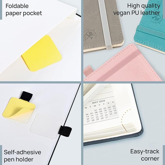 POPRUN Pocket Monthly Planner 2026-2027 (Pocket- 4''x 6.25'' Soft Leather Cover) - 18 Month Calendar Book for Purse (Jan.2026 - Jun. 2027), 100 GSM Thick Paper - Pink