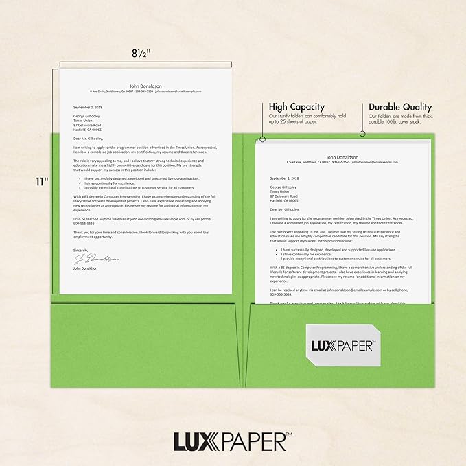 LUXPaper 9" x 12" Presentation Folders | Two Pocket | Limelight Green | 100lb. Cover | 10 Qty