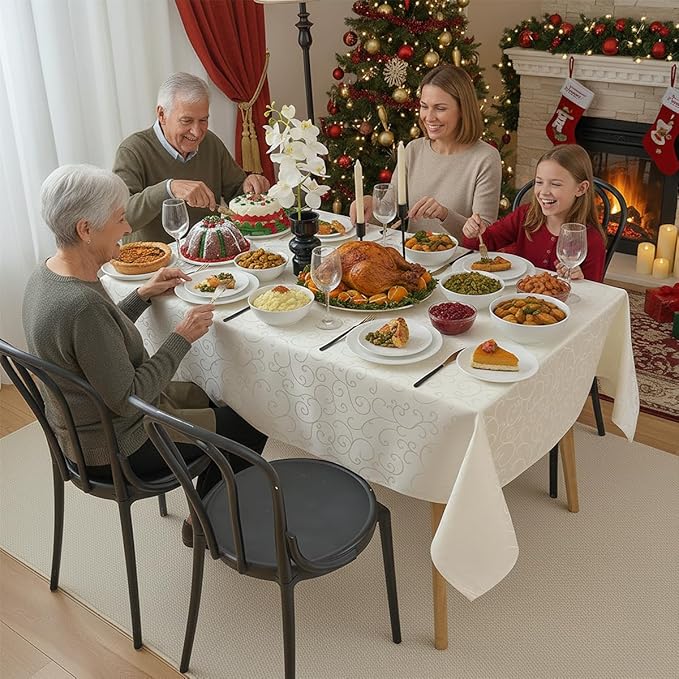 Romanvicky Christmas Jacquard Tablecloth White Floral Pattern Rectangle Table Cloth Spill Proof Wrinkle Resistant Polyester Table Cover for Party, Dining, Thanksgiving Decoration, 52 x 70 Inch