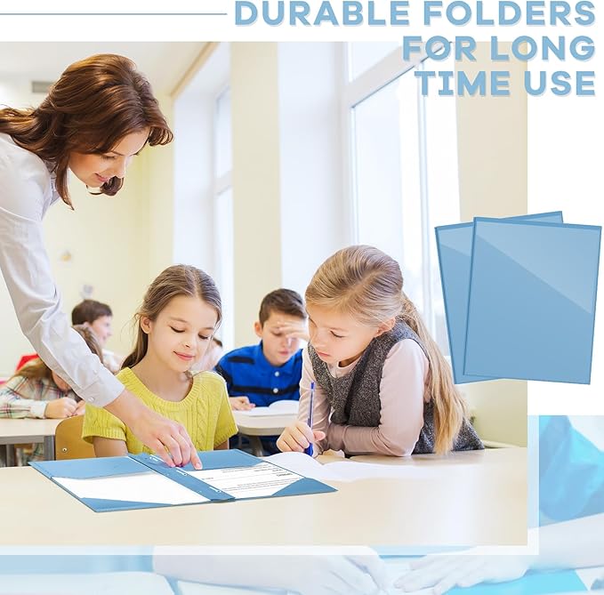 Henoyso 48 Pcs Plastic Folder with Clear Front Pocket and 3 Prongs Heavy Duty Plastic Folders with Card Slot Pocket Folders with Prongs for School Office Home(Blue Haze)