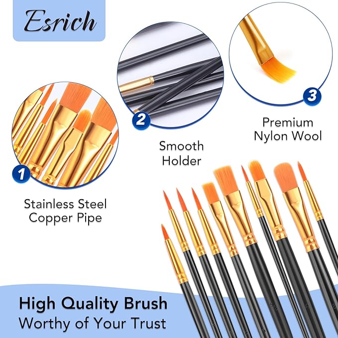 ESRICH Acrylic Paint Brushes Set, 24 Packs / 240 Pcs Watercolor Brushes,Nylon Brush Head, for Oil Painting, Gouache, Face,Ceramics etc, Kid's and Adults Painting Arts and Crafts Sets.(Black)