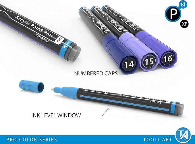 Acrylic Paint Pens 22 Blue & Purple Tones Assorted Pro Color Series Markers Set 0.7mm Extra Fine Tip for Rock Painting, Glass, Mugs, Wood, Metal, Canvas, Projects, Non Toxic, Waterbased, Quick Drying