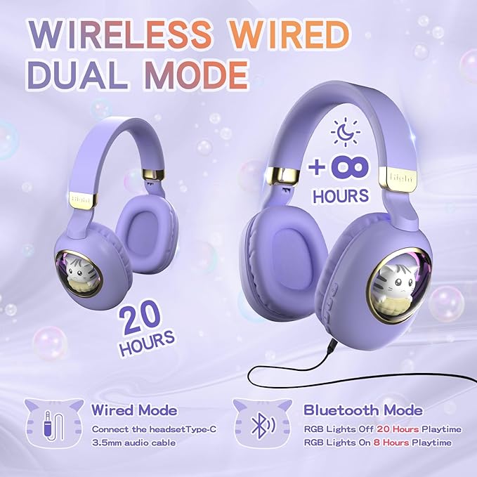 Purple Kids Bluetooth Headphones Wired with Microphone for School - Wireless Boy Girls Noise Cancelling Over Ear Bluetooth Headphones Children Headsets for iPad Kindle Airplane Travel Tablet