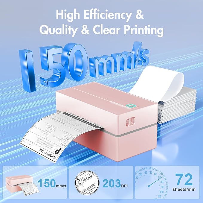 Bluetooth Thermal Shipping Label Printer: 4x6 Wireless Label Maker with Tape for Small Business - Compatible with iPhone, Android, Windows & Mac, Widely Used for USPS UPS Ebay Amazon Shopify, Pink